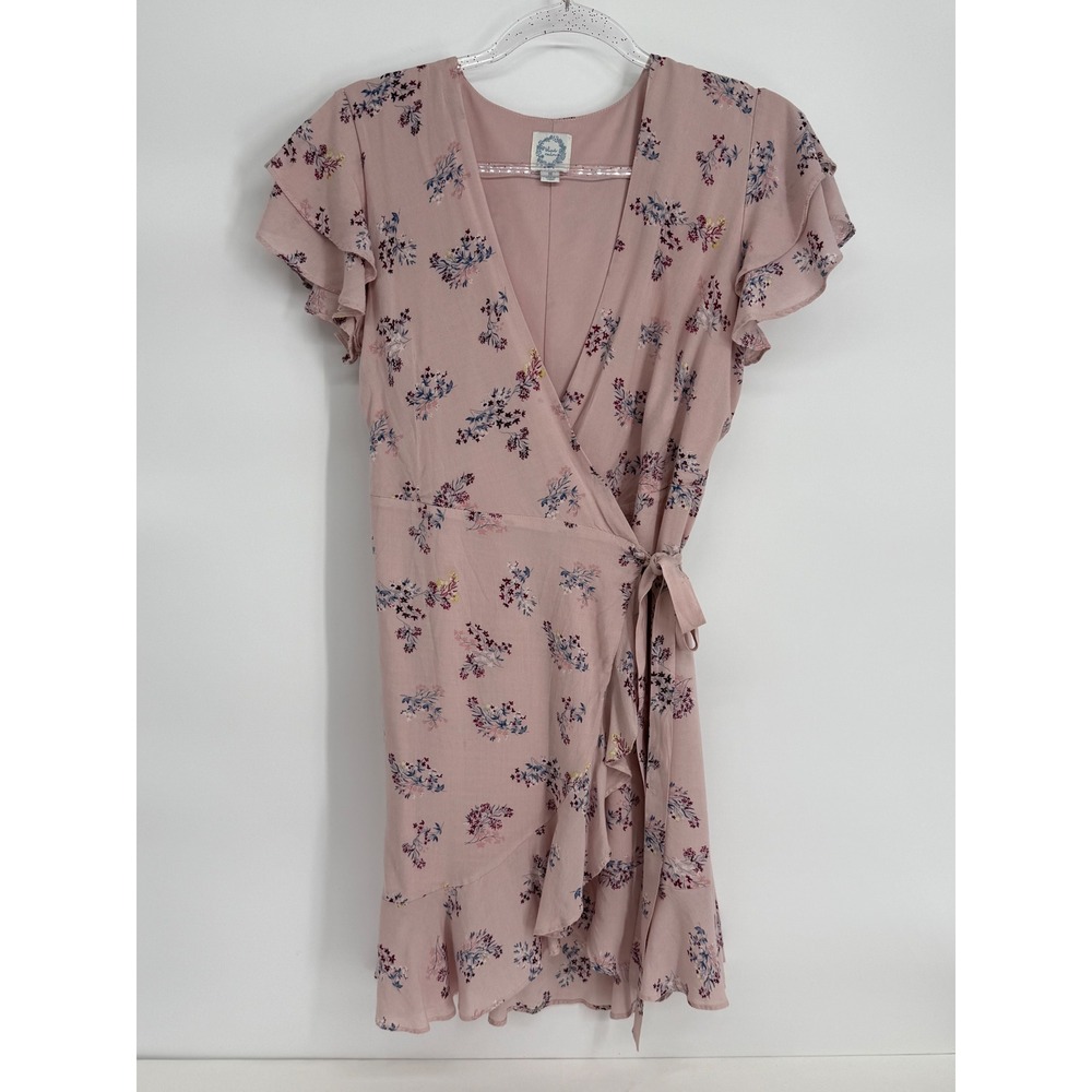 Blue Rain Blush Noir Pink Floral Ruffle Wrap Mini Dress Womens Medium